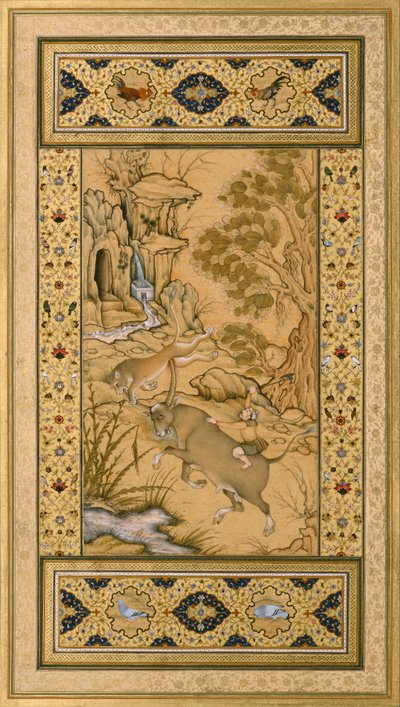Leaf from the Muraqqa Gulshan- A Buffalo Fighting a Lioness (recto) Calligraphy (verso) by Farrukh Chela